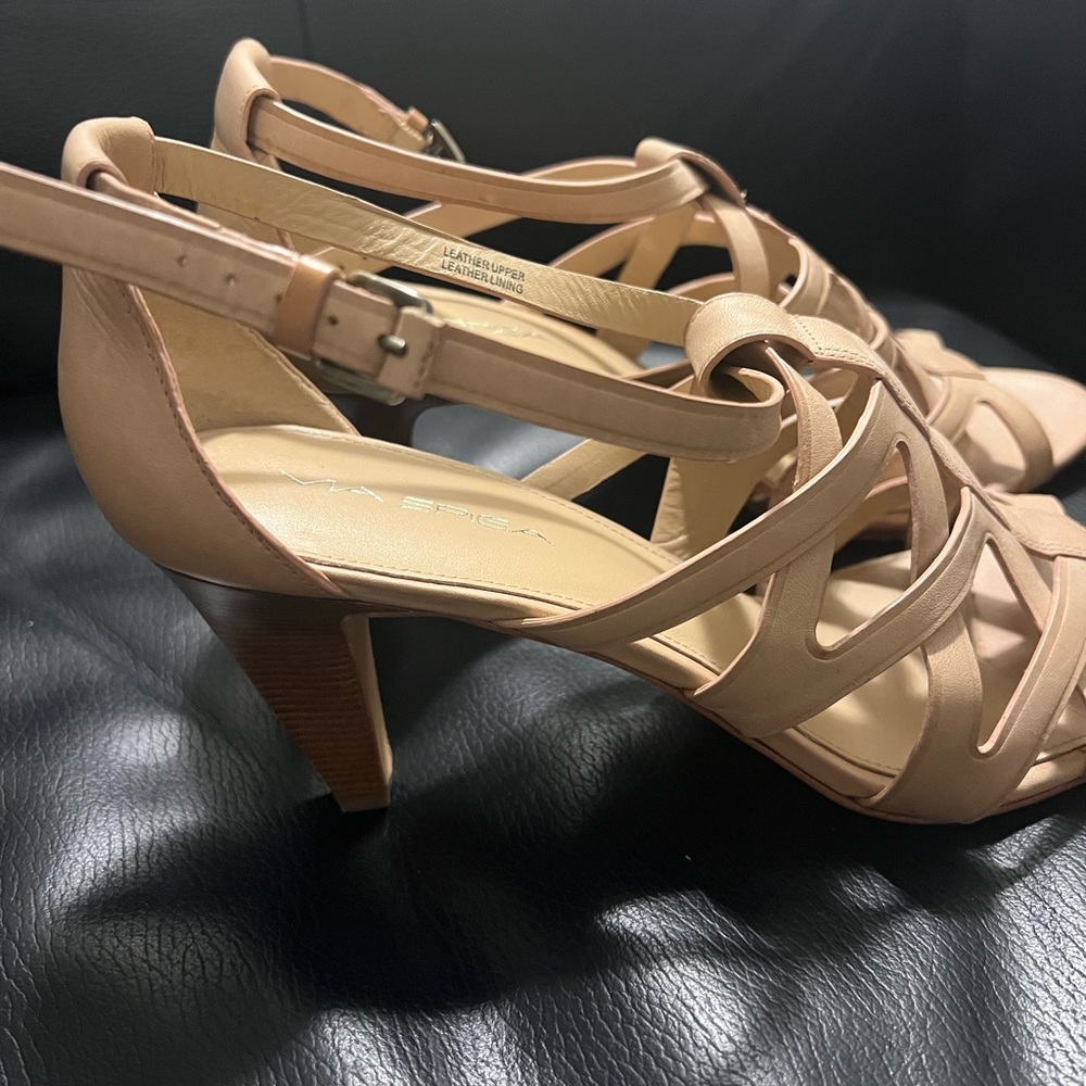 Via Spiga open toe ankle strap heels.